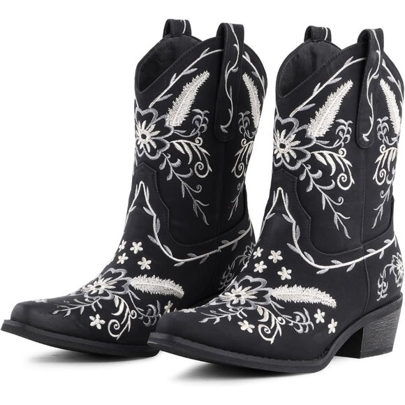 ⚡Women's Black Western Cowboy Boots Intricate White Embroidery Mid Heel Boots - Picture 1 of 6